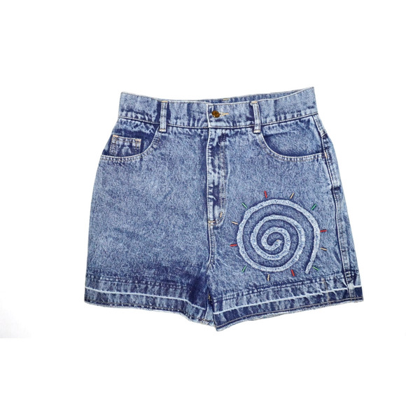 Vintage Jit & Co High Waist Denim Shorts Spiral Embroidery Size 14 Acid Wash Y2K - Picture 1 of 5